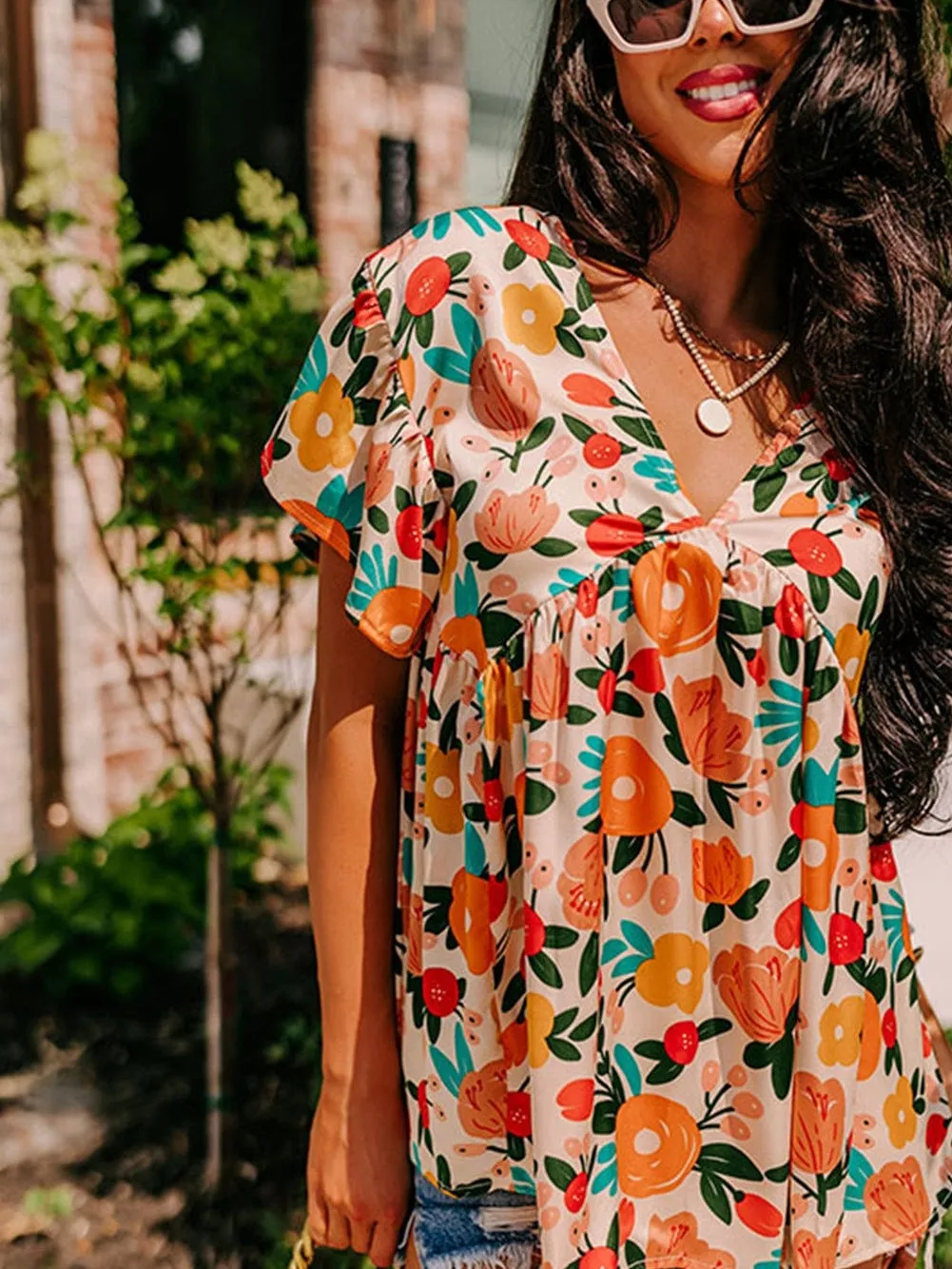 Apricot Blossom Tie-Back V-Neck Blouse