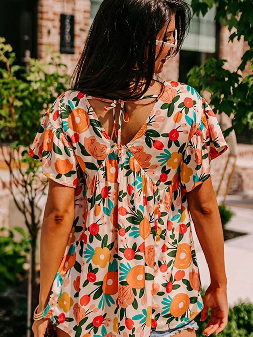 Apricot Blossom Tie-Back V-Neck Blouse