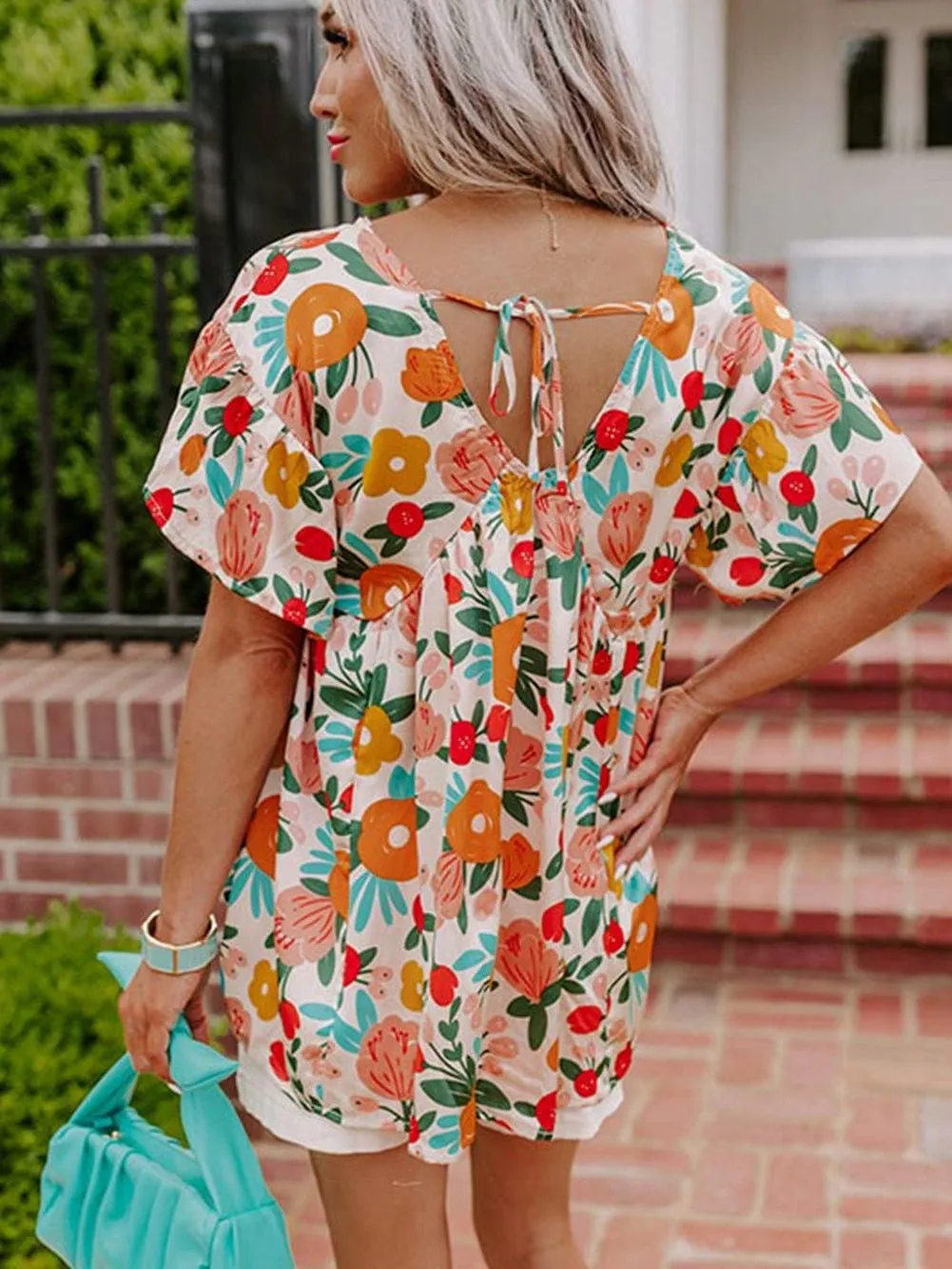 Apricot Blossom Tie-Back V-Neck Blouse