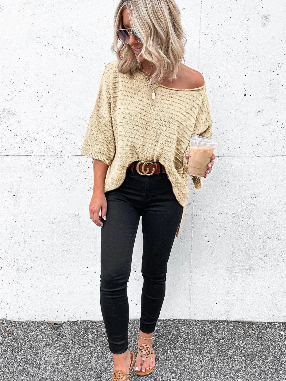 Apricot Ribbed Knit One-Shoulder Tee