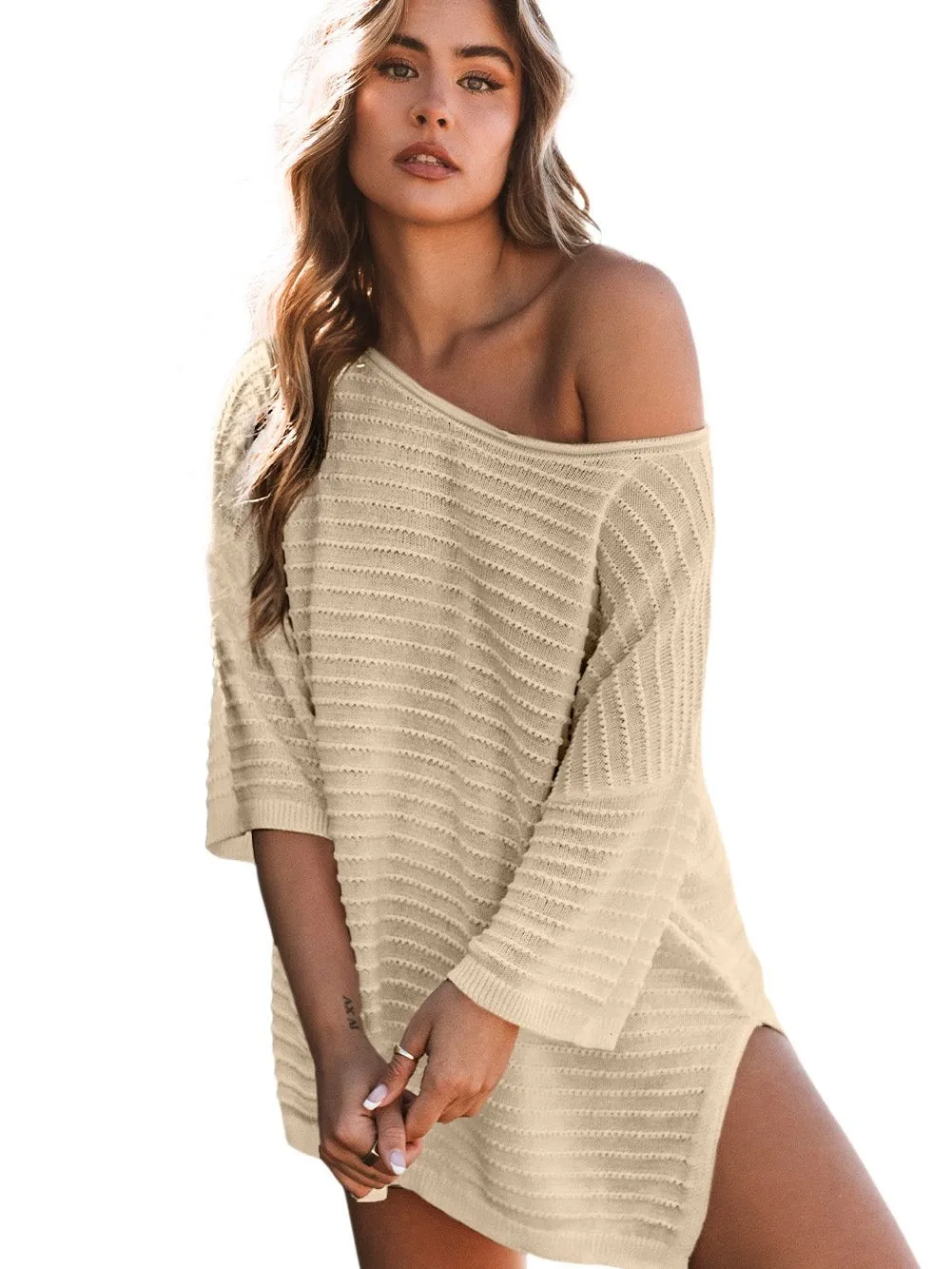 Apricot Ribbed Knit One-Shoulder Tee