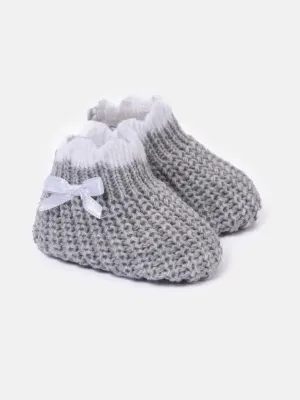 Baby Unisex Knitted Booties with Satin Bow - Grey