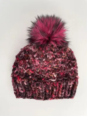 Bamboo Beanie in Raspberry Swirl/Raspberry pom with black tips