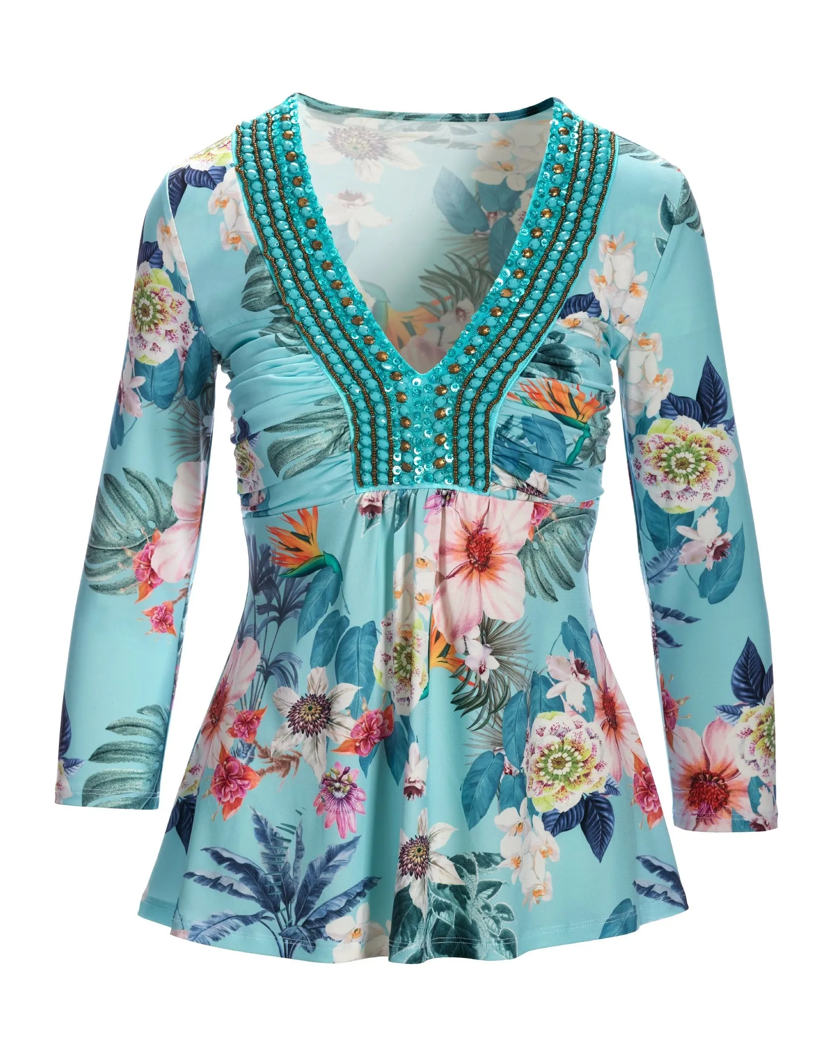 Barcelona Florals Embellished Knit Top Aqua