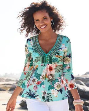 Barcelona Florals Embellished Knit Top Aqua