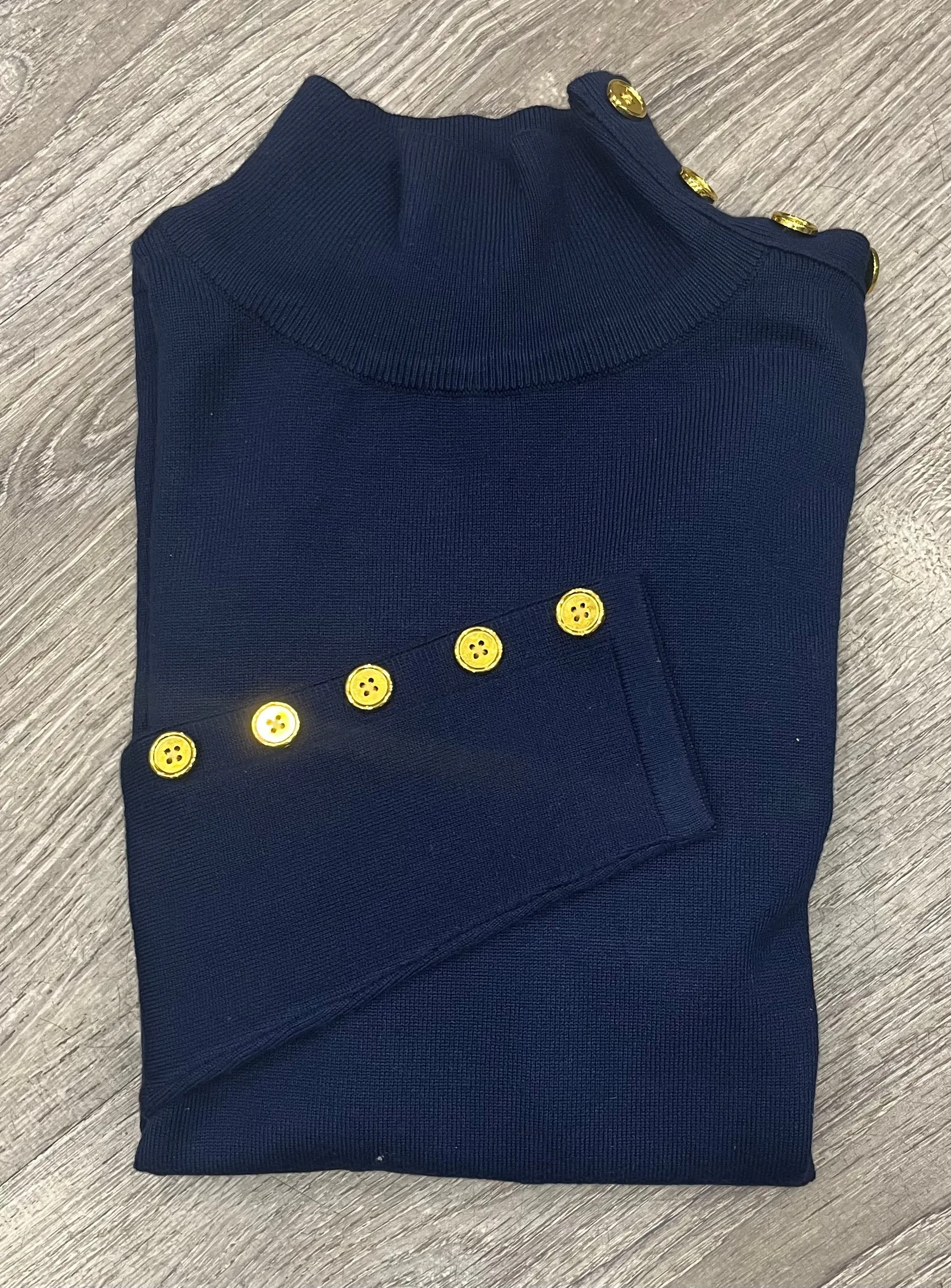 Basic  Knit Mock Neck with Gold Button Decal