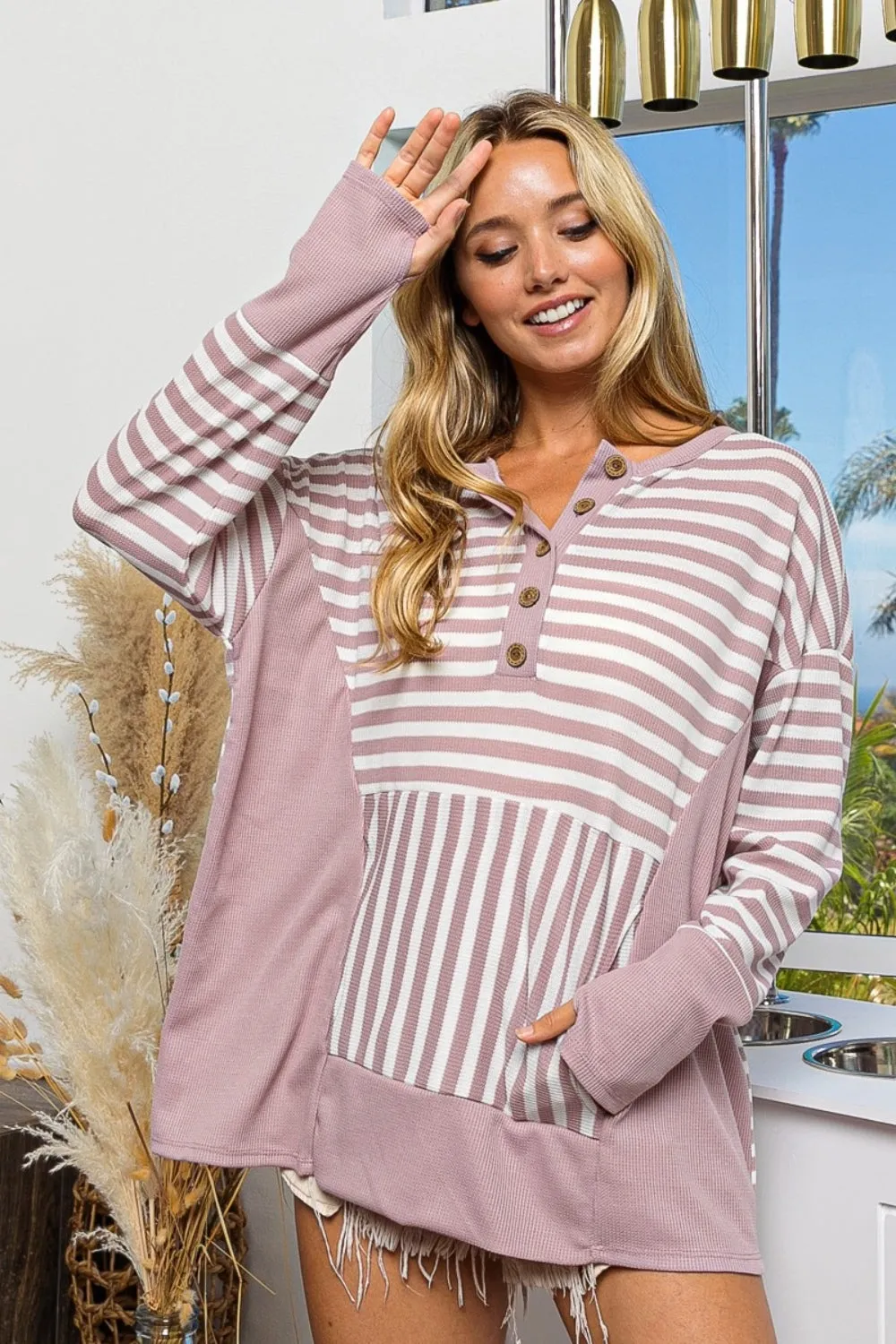 BiBi Striped Thumbhole Long Sleeve Top- Ships 2-5 Days •Sizes: S-XL