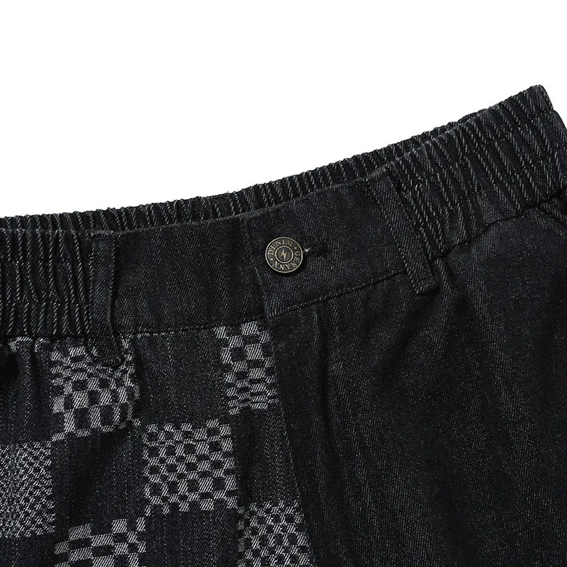 Black Asymmetric Spliced Plaid Jeans