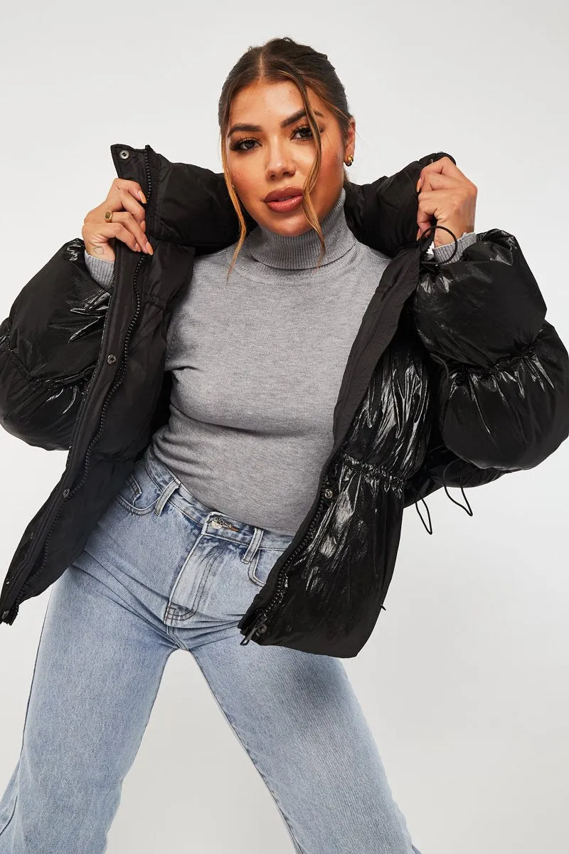 Black High Neck Zip Up Puffer Coat - Siona