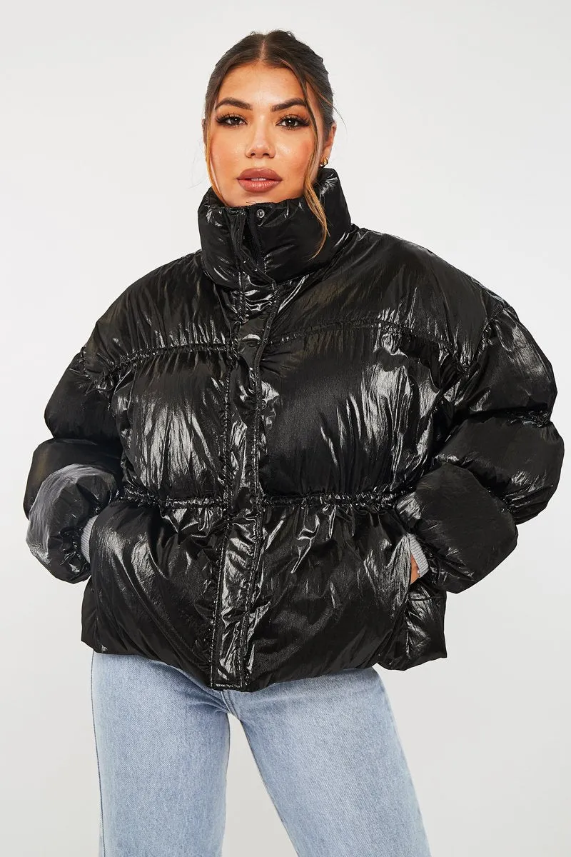 Black High Neck Zip Up Puffer Coat - Siona