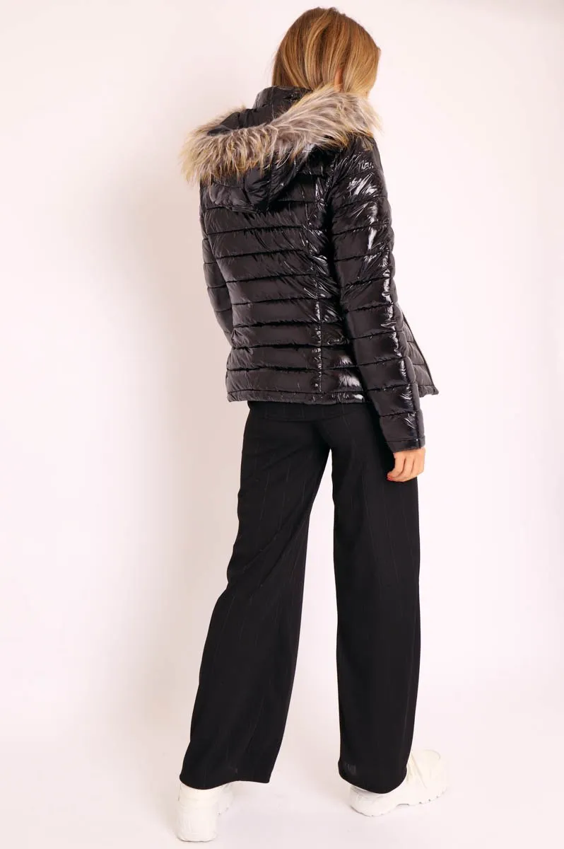 Black Wet Look Puffer Coat - Soph