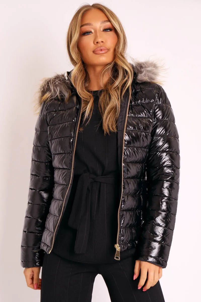 Black Wet Look Puffer Coat - Soph