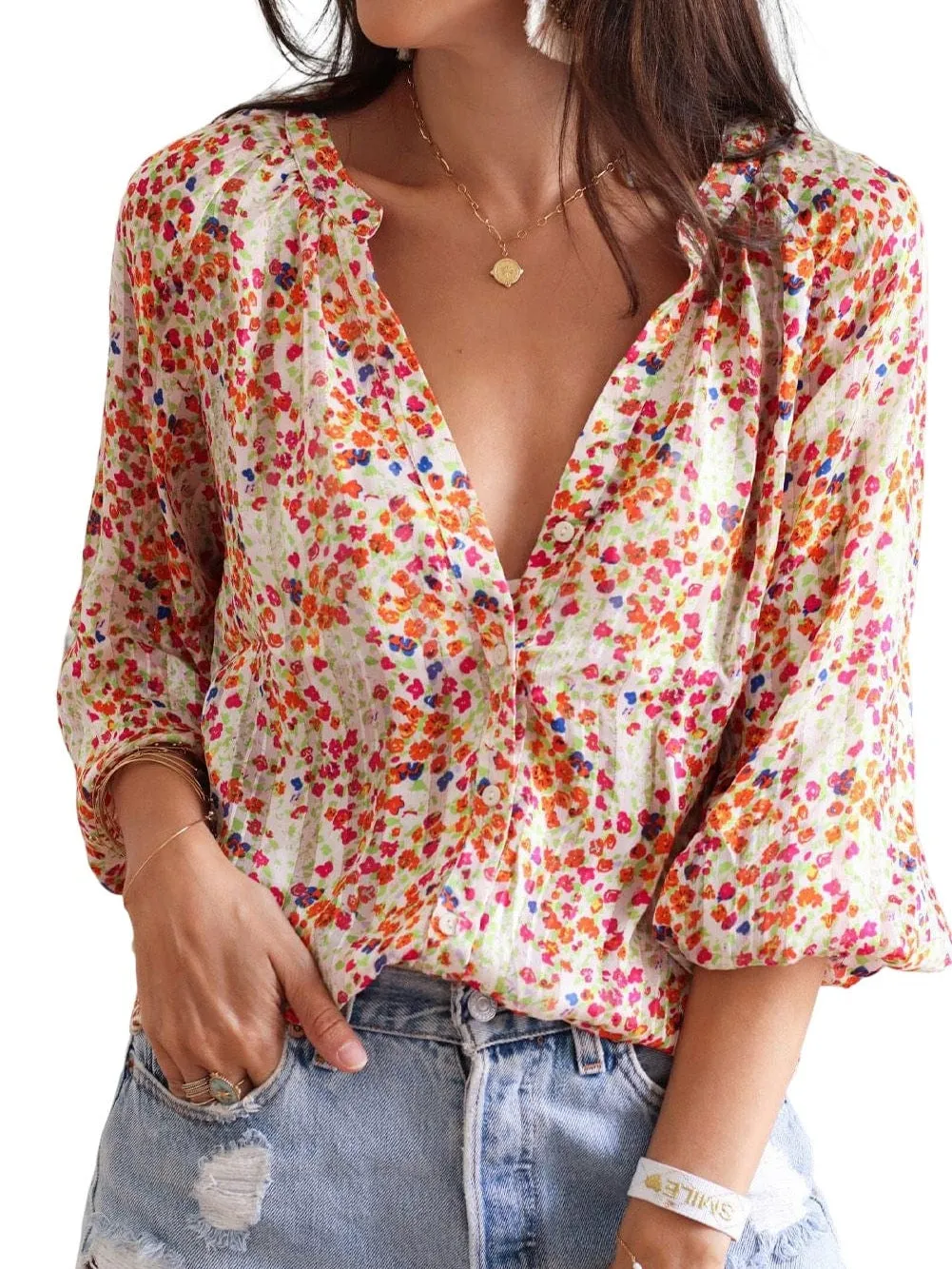 Bohemian Blossom V-Neck Button-Up Blouse