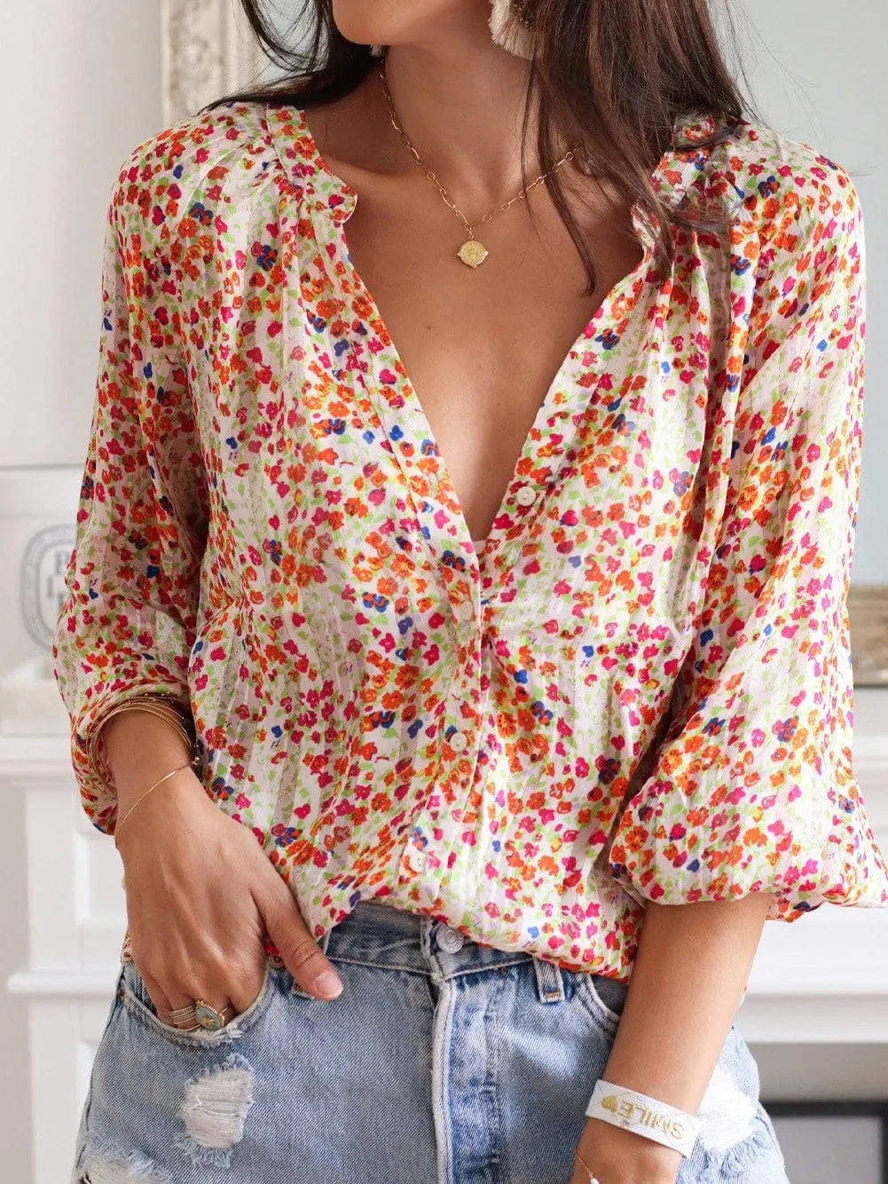 Bohemian Blossom V-Neck Button-Up Blouse