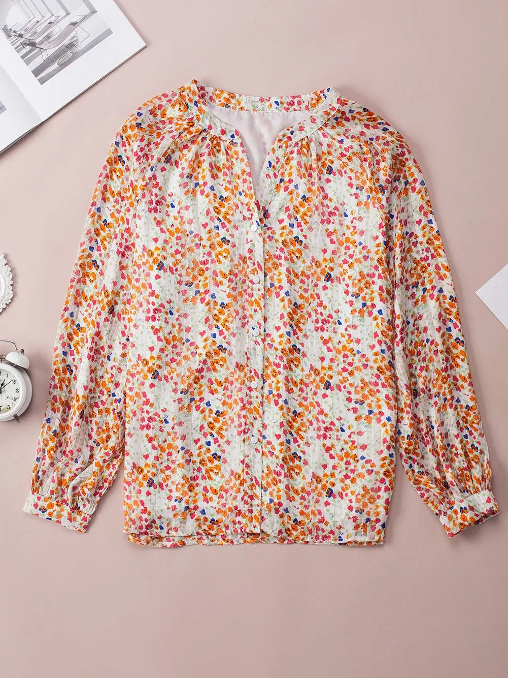 Bohemian Blossom V-Neck Button-Up Blouse