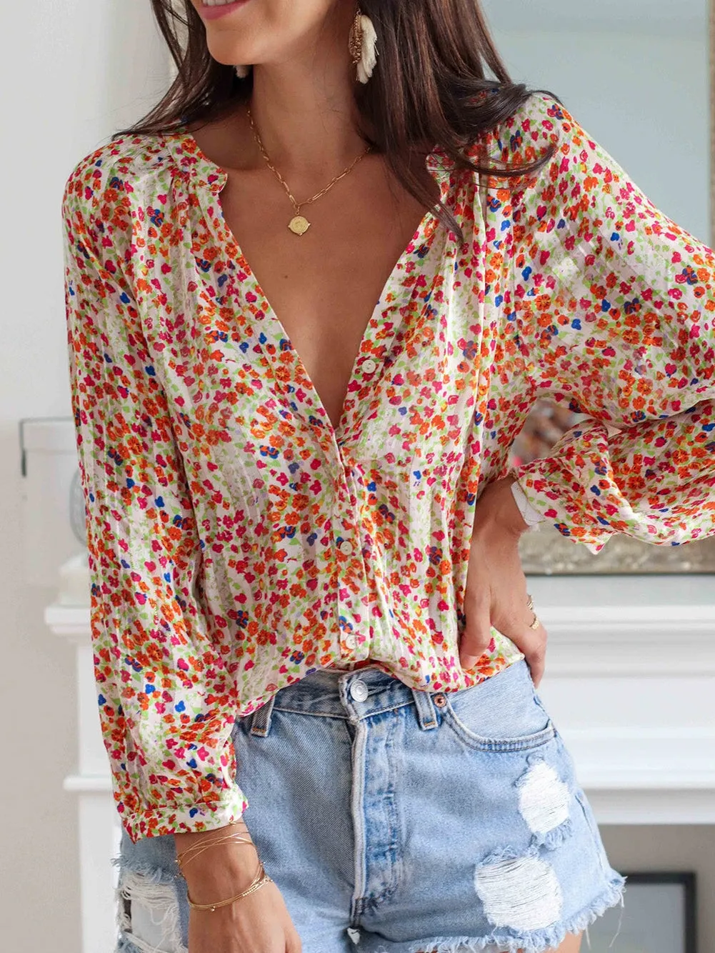 Bohemian Blossom V-Neck Button-Up Blouse