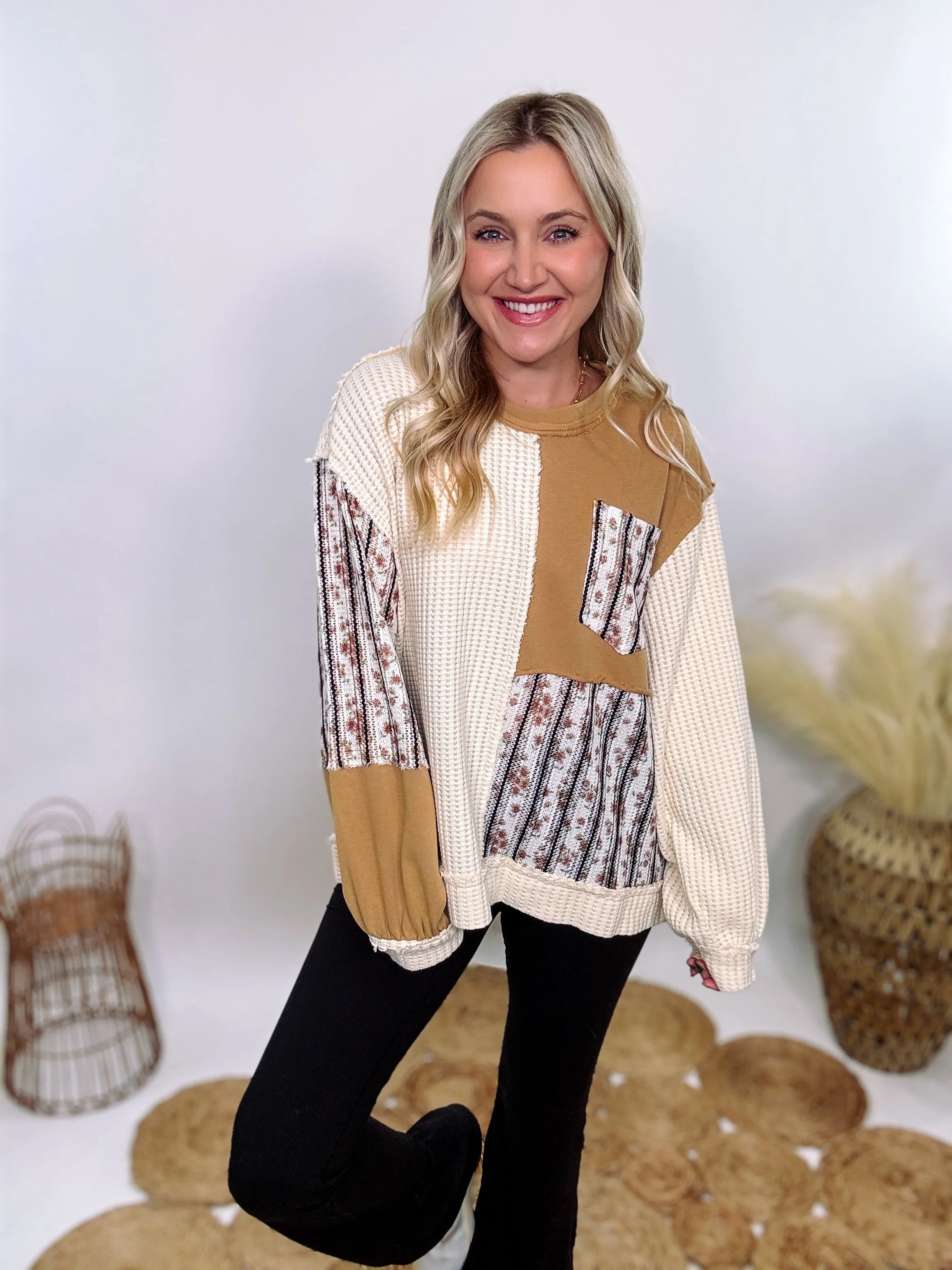 Boho Vintage Floral Patchwork Long Sleeve Thermal Top