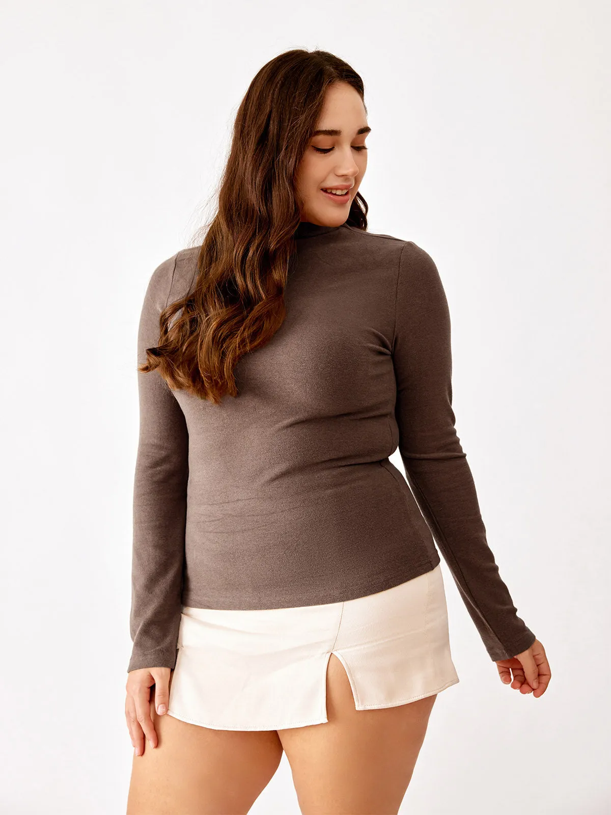 Brushed Mock Neck Top-Hip Length