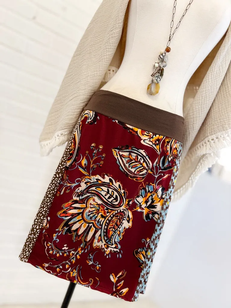 Burgundy Art Deco Funky Knit Skirt