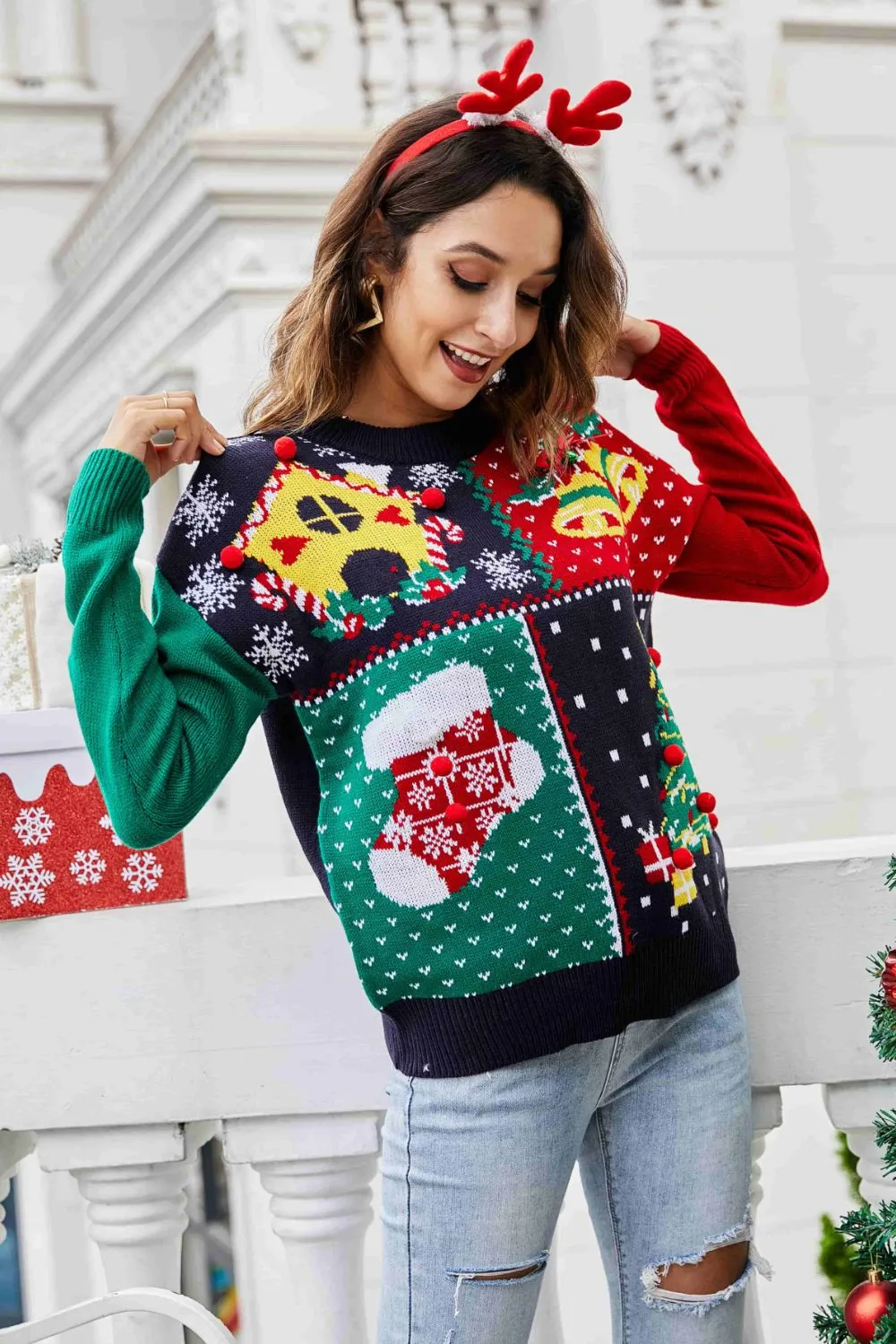 Christmas Color Block Knit Pullover Christmas Sweater Womens Fashion Holiday Clothing Ugly Christmas Sweater Unisex Sweatshirt KESLEY