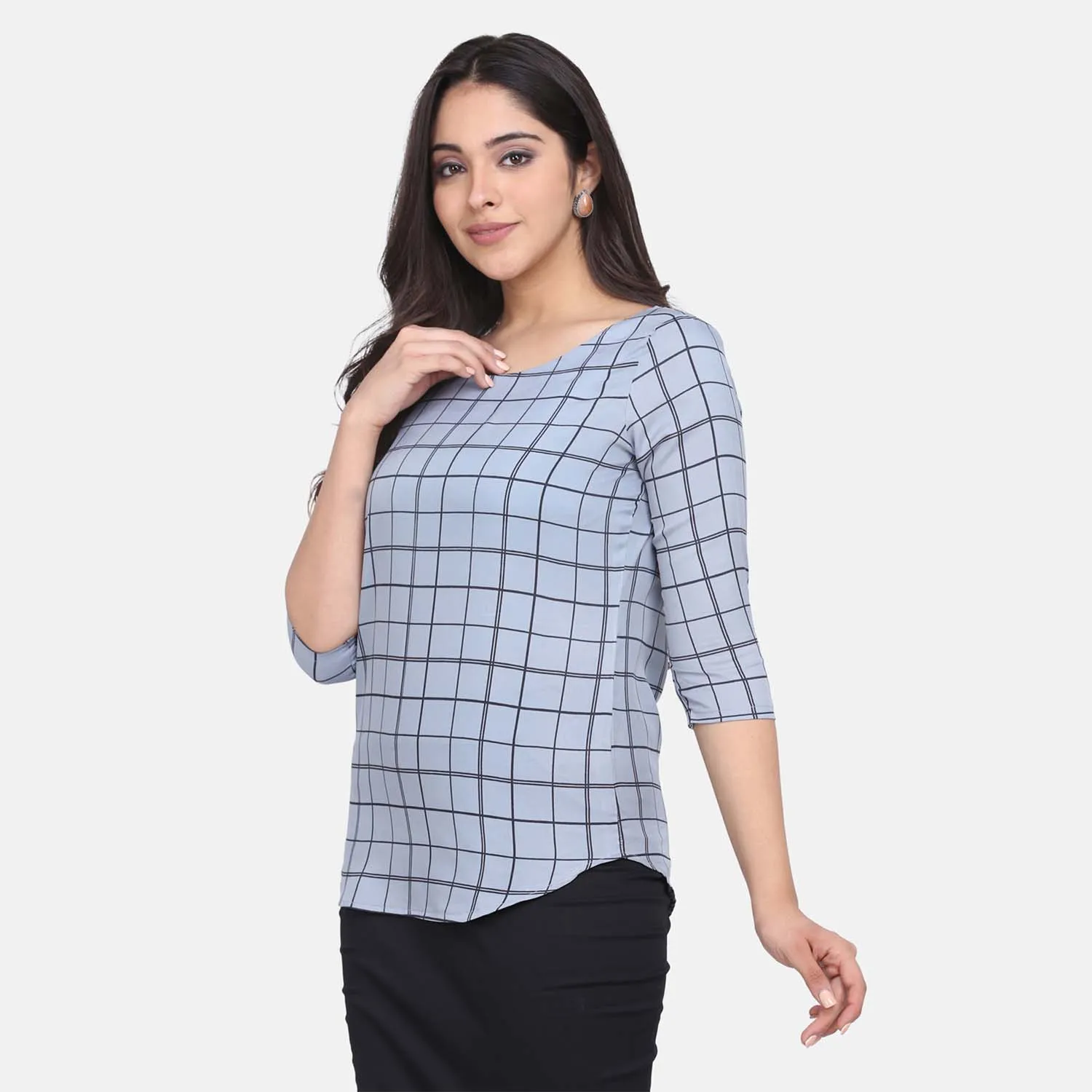 Comfortable Ladies Work Grey Check Crepe Top 