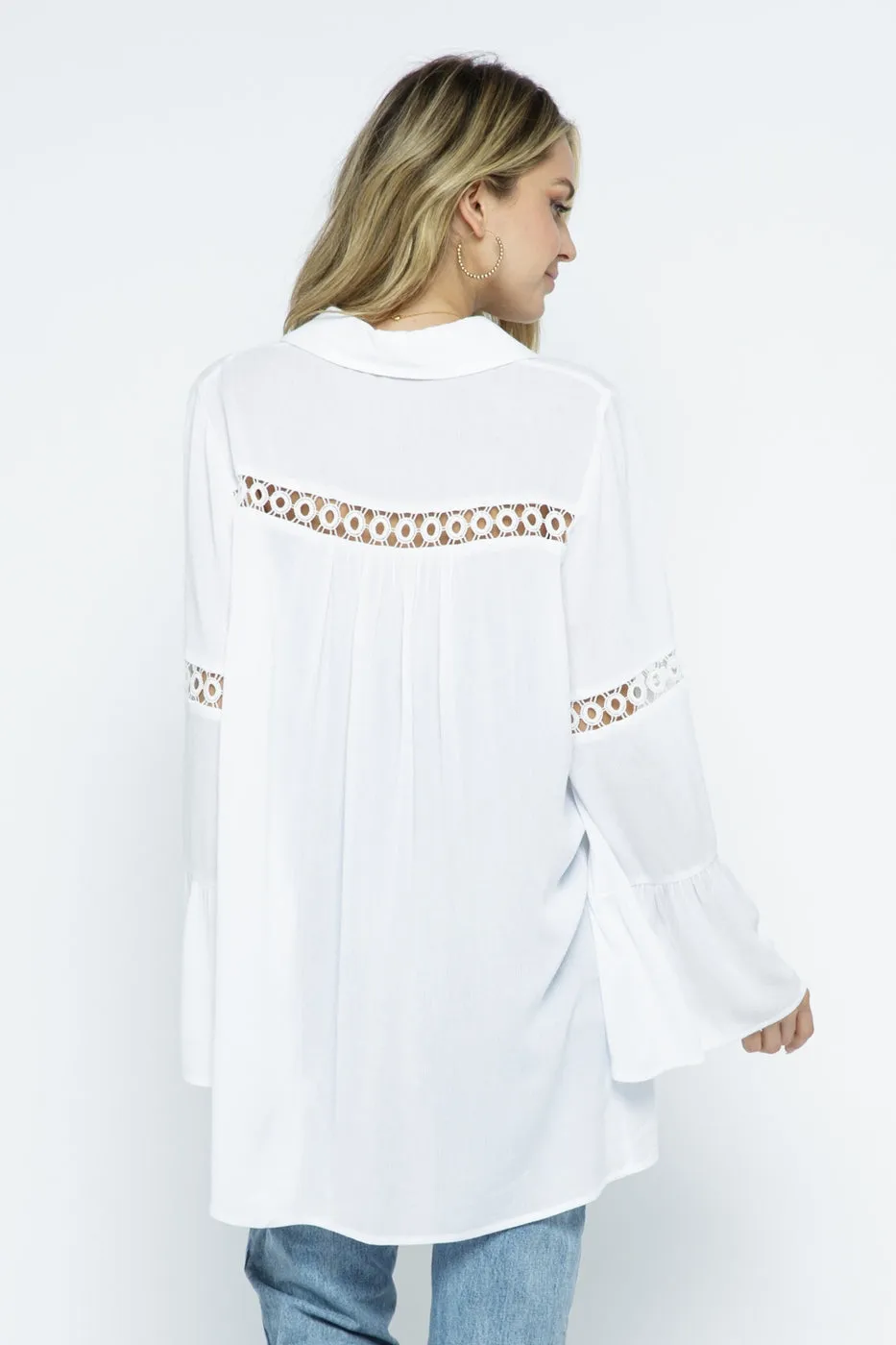 Crochet Lace Bell Sleeve Collared Cover Up