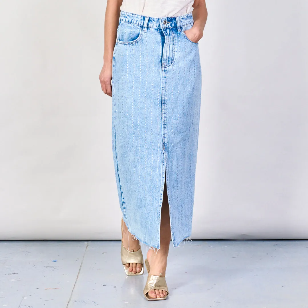 Distressed midi denim skirt with front slit wholesale