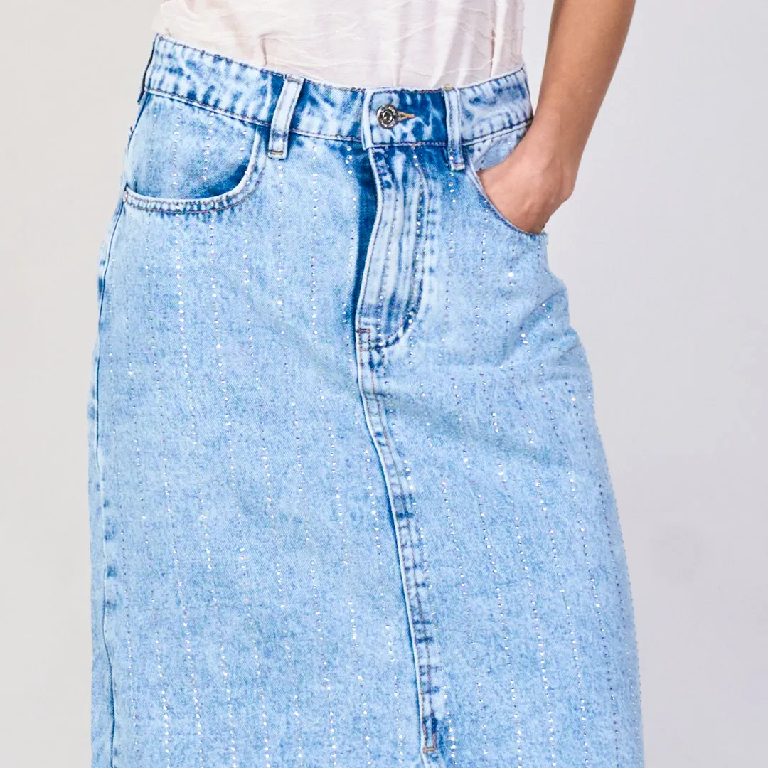 Distressed midi denim skirt with front slit wholesale