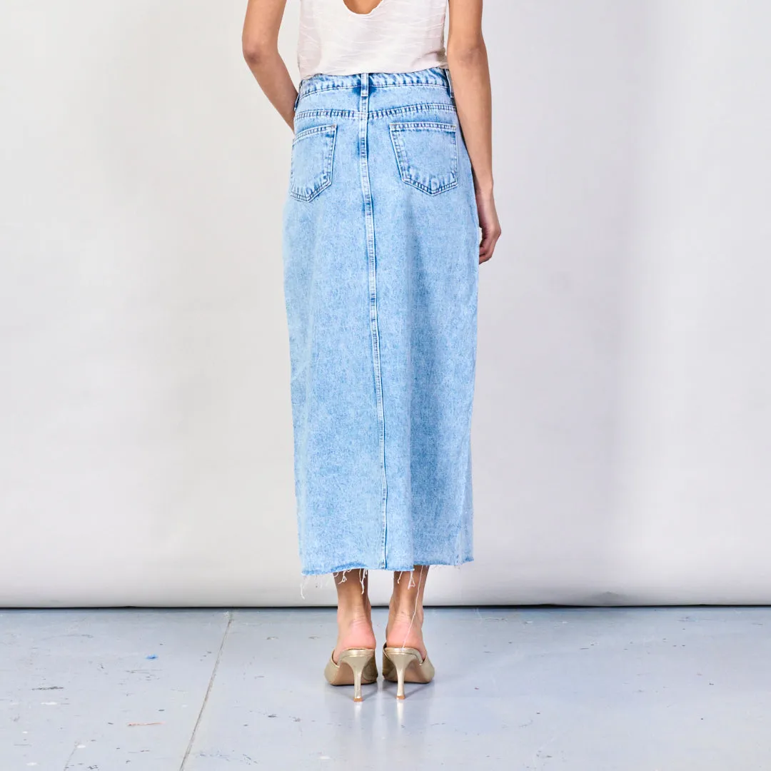 Distressed midi denim skirt with front slit wholesale