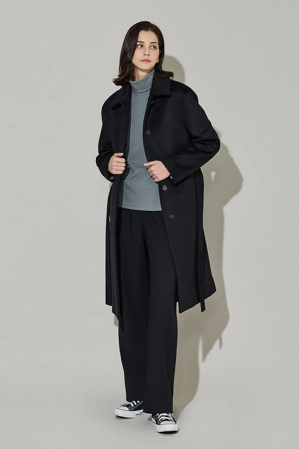 EDUARDO Women Belted Wool-Cashmere Single-Breasted Mac Balmacaan Long Coat.