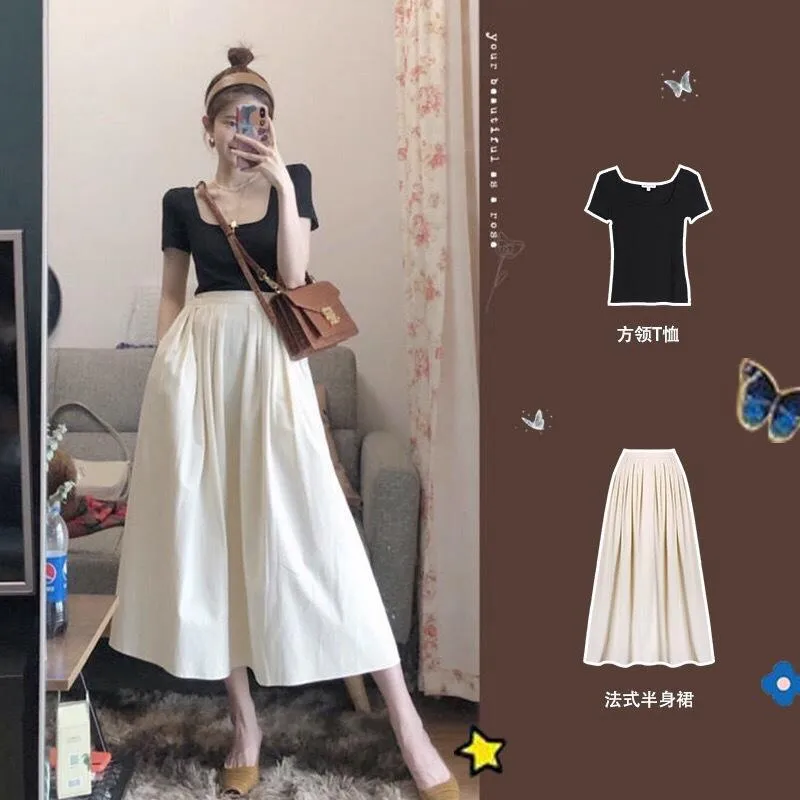 Elegant Fresh Looking Western Young Look Hong Kong Sets Women Vintage CHIC Skirt Two-Piece Trendy Skirt