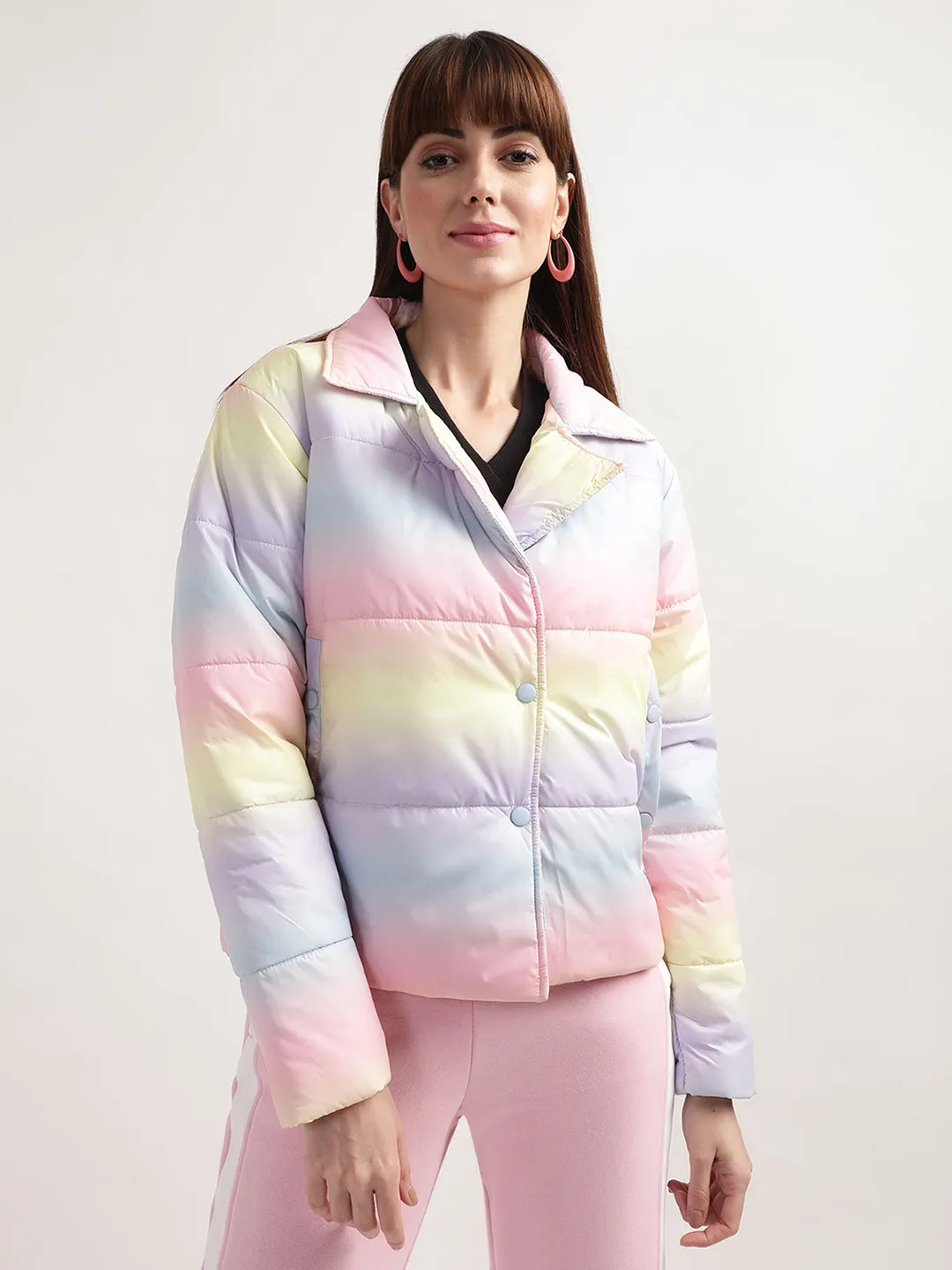 Elle Women Multi-Color Dyed Collar Neck Full Sleeves Puffer Jacket