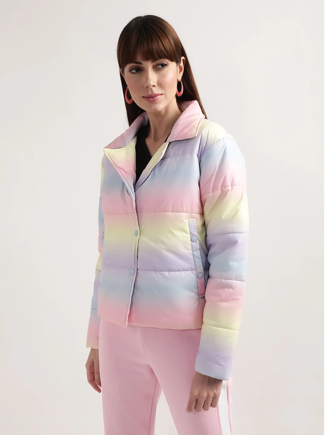 Elle Women Multi-Color Dyed Collar Neck Full Sleeves Puffer Jacket