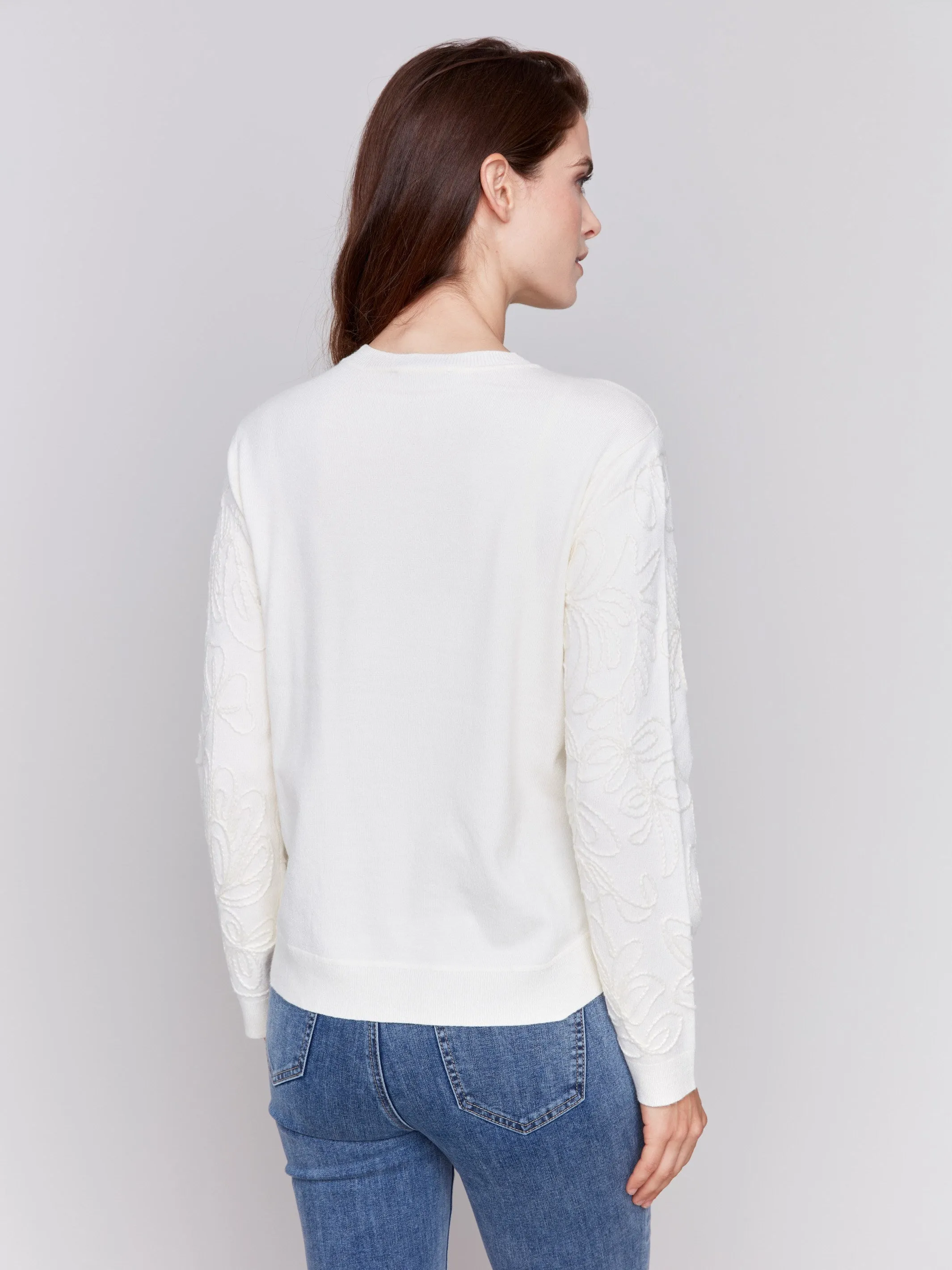 Embroidered Round Hem Sweater - Ecru