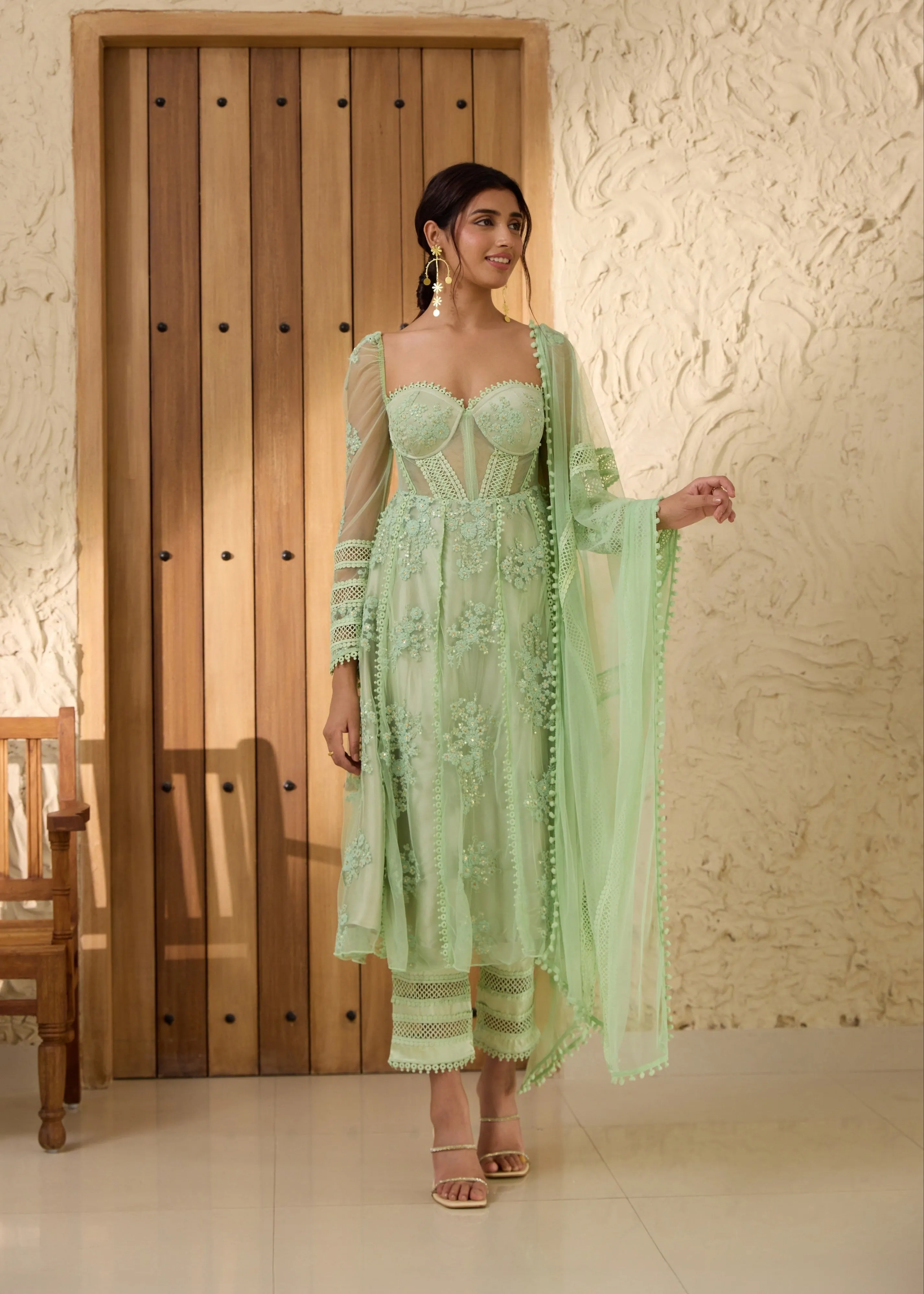 Fariha Green Embroidered Corset Anarkali Suit Set