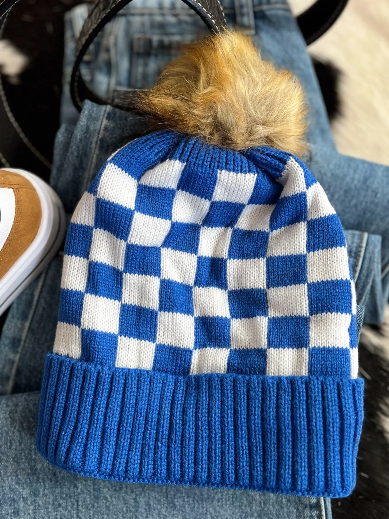 Fleece Lined Blue & White Checkered Beanie