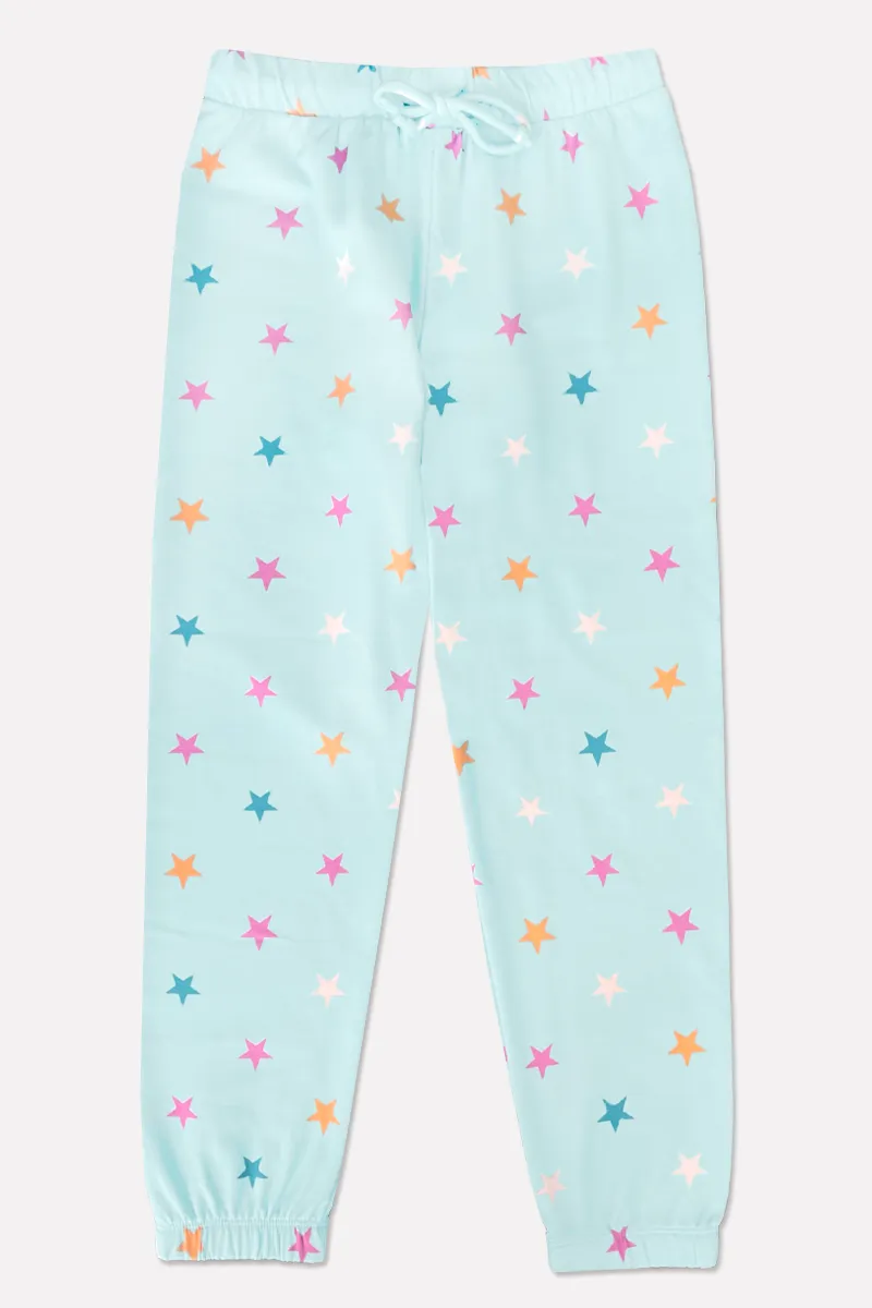 French Terry Cozy Sweatpant - Ice Mint Pink Stars