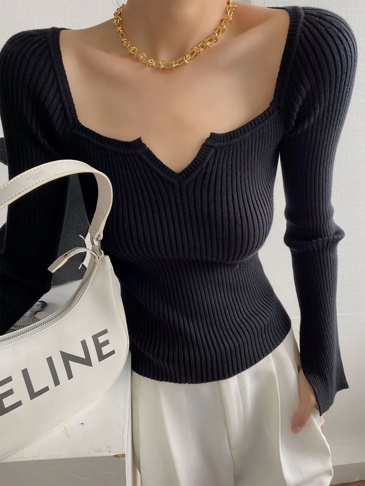 French Vintage Hepburn-Style Square Neck Sweater with Bell Sleeves - Sensual Autumn Top