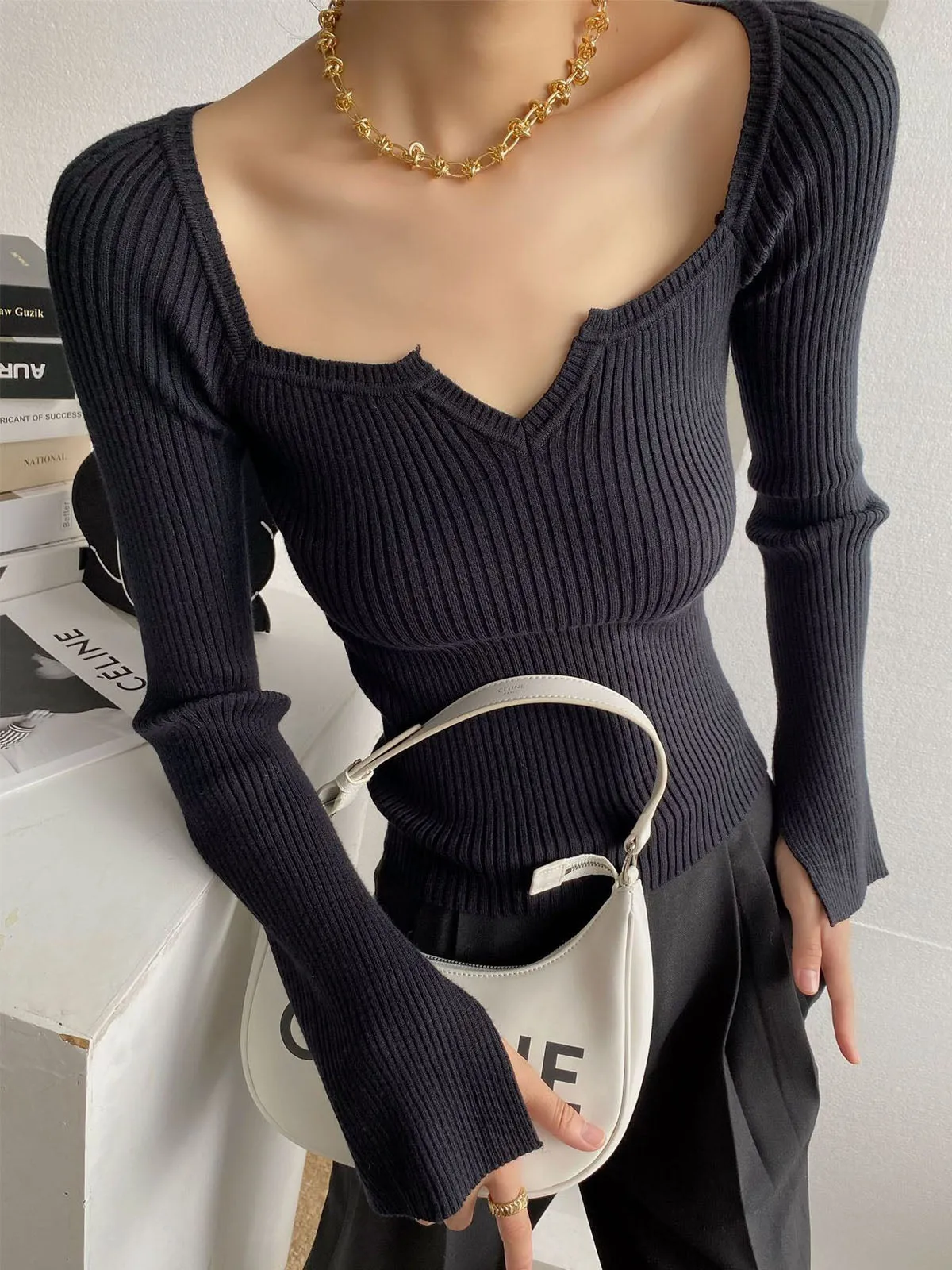 French Vintage Hepburn-Style Square Neck Sweater with Bell Sleeves - Sensual Autumn Top