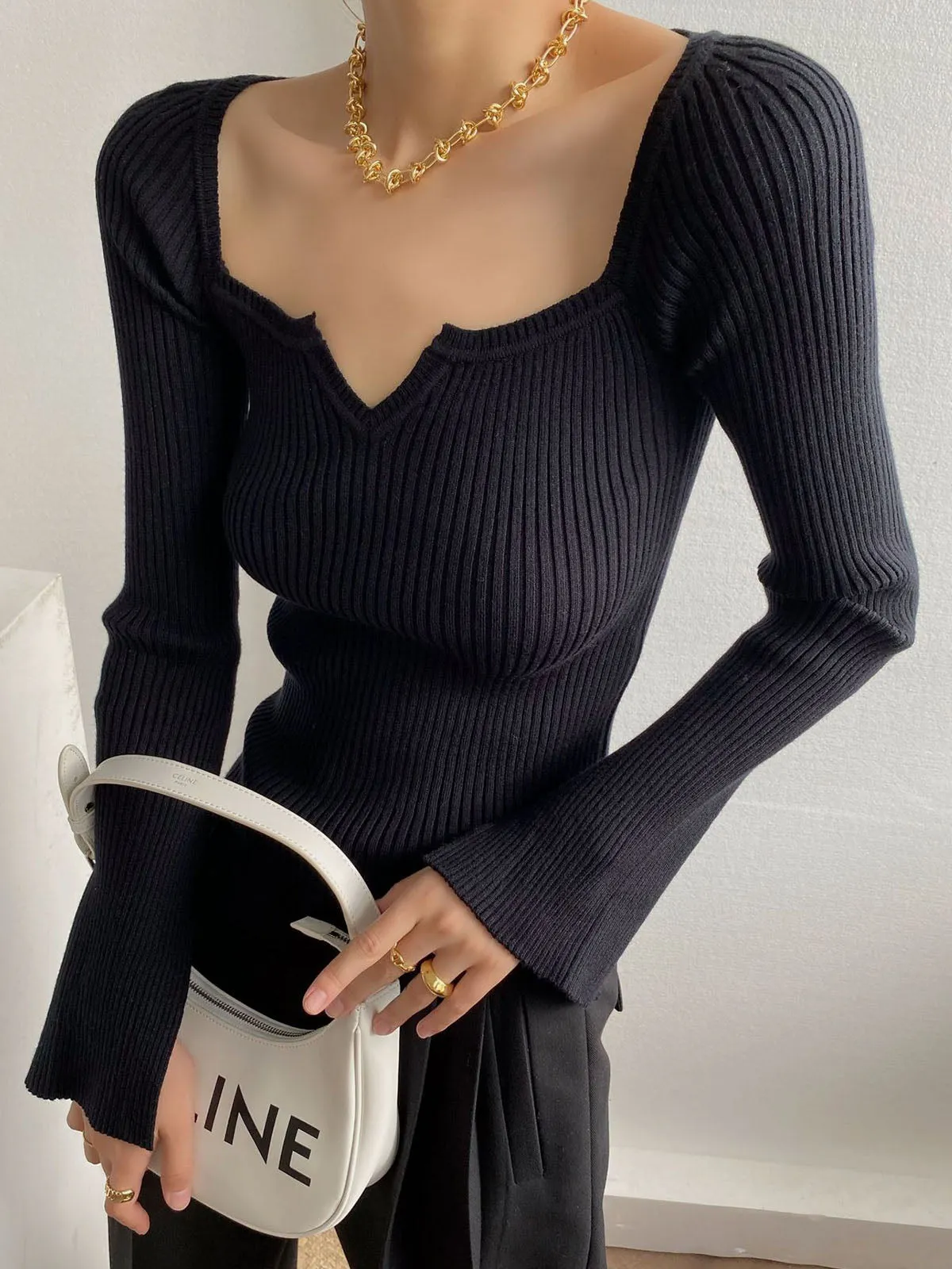 French Vintage Hepburn-Style Square Neck Sweater with Bell Sleeves - Sensual Autumn Top