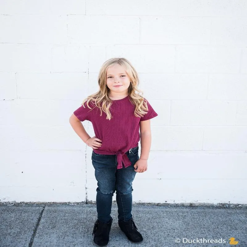 Girls Ribbed Tie Bottom Tee - Pink and Burgundy