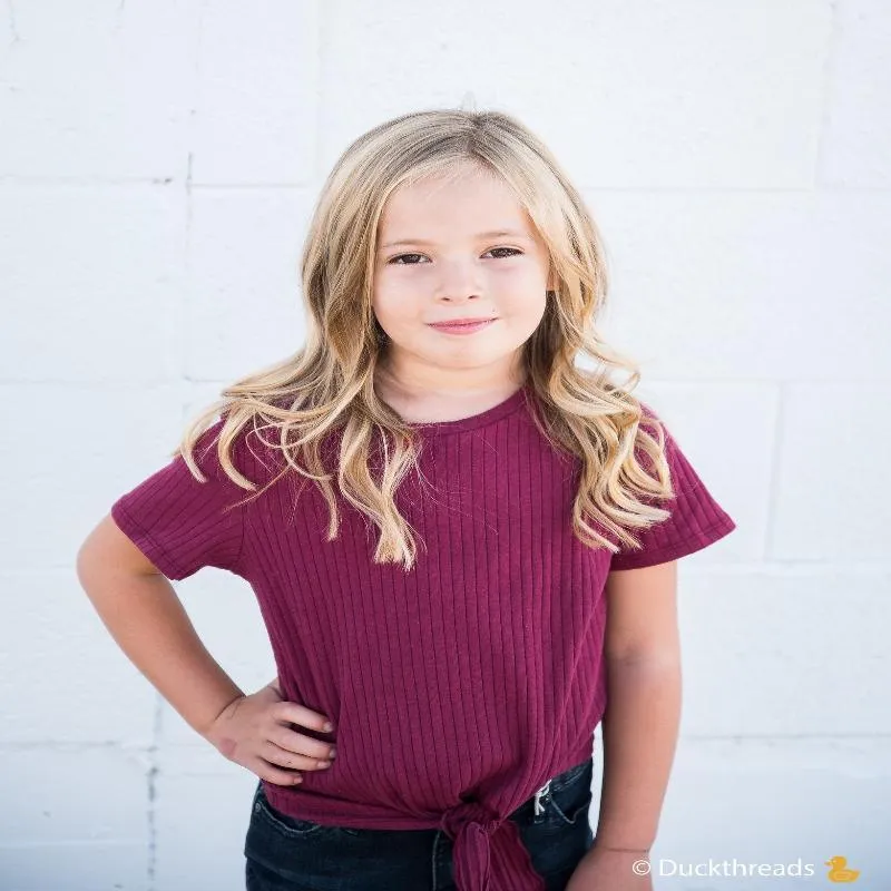 Girls Ribbed Tie Bottom Tee - Pink and Burgundy