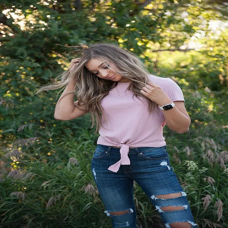 Girls Ribbed Tie Bottom Tee - Pink and Burgundy