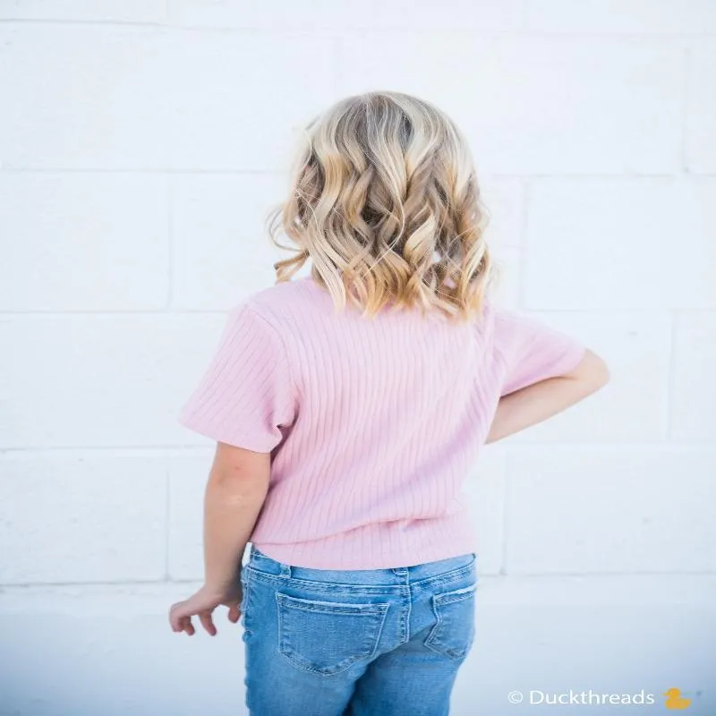 Girls Ribbed Tie Bottom Tee - Pink and Burgundy