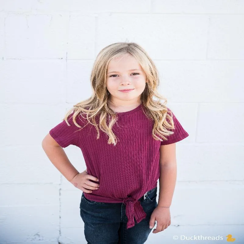 Girls Ribbed Tie Bottom Tee - Pink and Burgundy