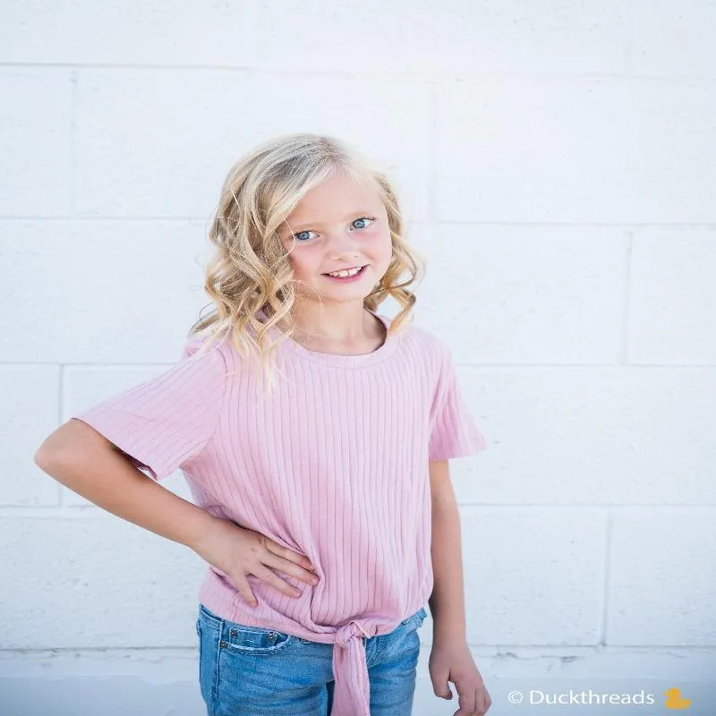 Girls Ribbed Tie Bottom Tee - Pink and Burgundy