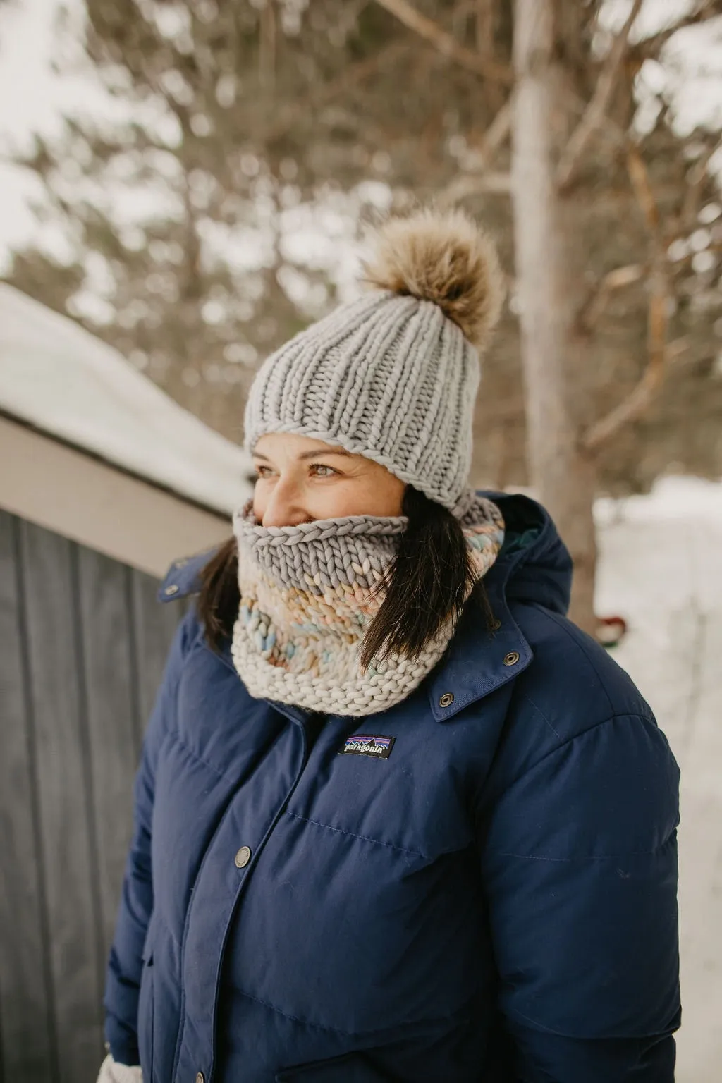 Gray Merino Wool Knit Hat with Faux Fur Pom Pom