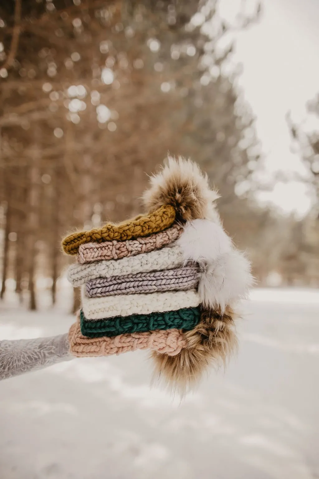 Gray Merino Wool Knit Hat with Faux Fur Pom Pom