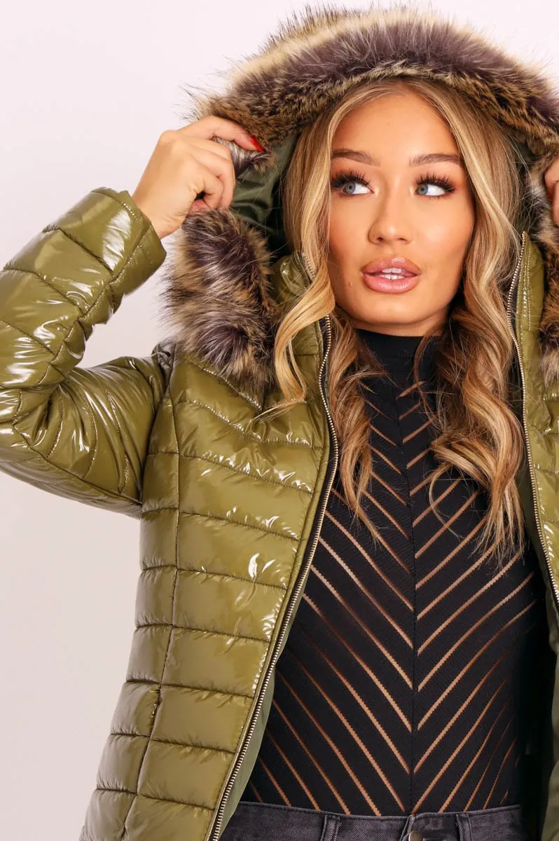 Green Wet Look Puffer Coat - Soph