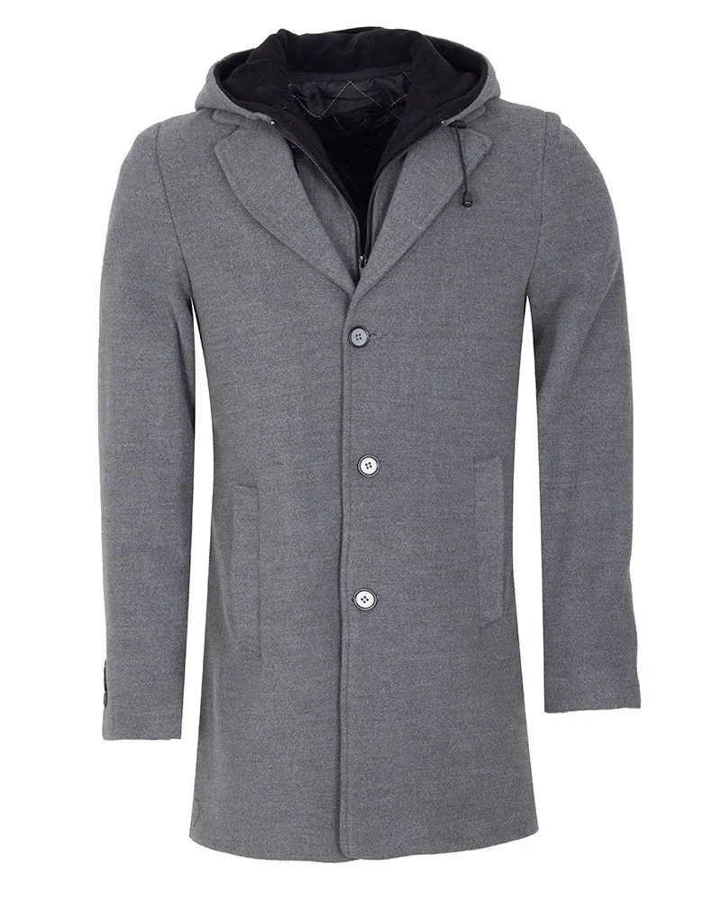 Grey Trench Coat Wool Blend Warm Overcoat With Detachable Hood